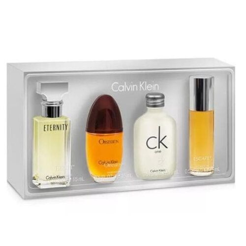 Calvin Klein Variety de Calvin Klein pour femme - Coffret mini 4 pièces Spray EDP Obsession 0,5 oz, Spray EDP CK One 0,5 oz, Spray EDP Eternity 0,5 oz, Spray EDP Escape 0,5 oz