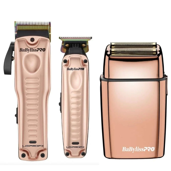 BaBylissPRO Rose Gold LO-PROFX Clipper & Trimmer #FXHOLPKLP-RG & Double Foil Shaver FXFS2RG + 5 Free Gifts Combo Set