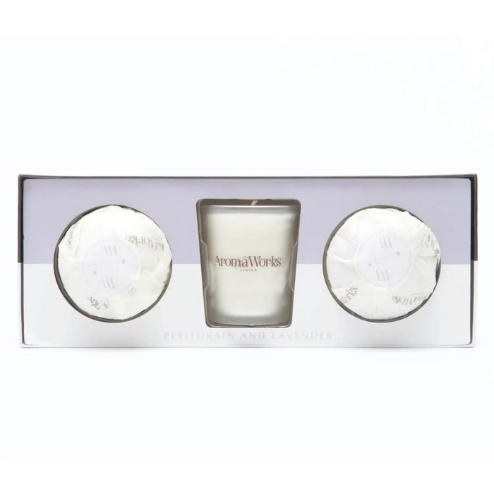 Light Candle Set - Petitgrain and Lavender by Aromaworks for Unisex - 3 Pc 2.65oz Candle, 2 Mini AromaBomb