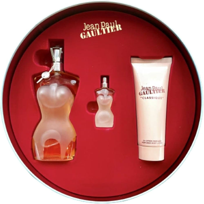 Classique by Jean Paul Gaultier for Women - 3 Pc Gift Set 3.4 oz EDT Spray, 0.2oz EDT Spray, 2.5oz Perfumed Body Lotion