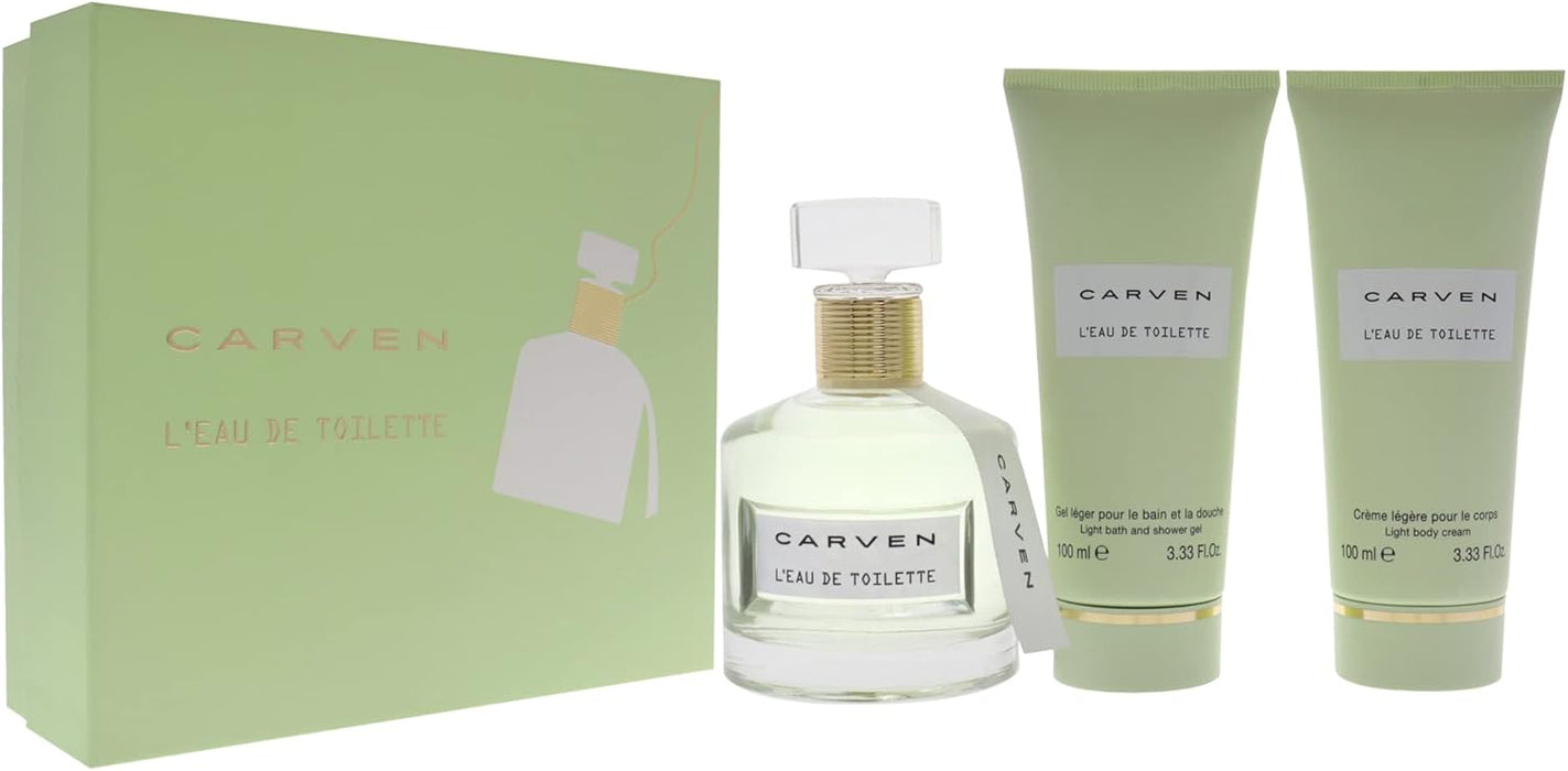 LEau De Toilette by Carven for Women - 3 Pc Gift Set 3.33oz EDT Spray, 3.33oz Light Body Cream, 3.33oz Ligth Bath and Shower Gel