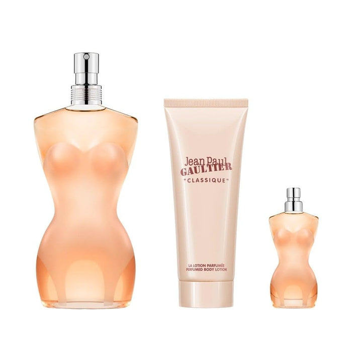 Classique by Jean Paul Gaultier for Women - 3 Pc Gift Set 3.4 oz EDT Spray, 0.2oz EDT Spray, 2.5oz Perfumed Body Lotion