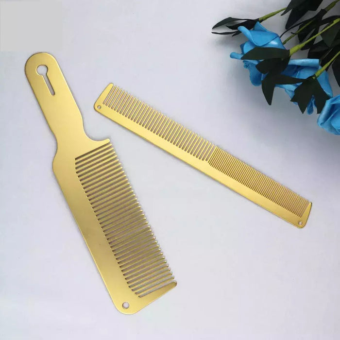 Peine de corte profesional de Metal y juego de peine cortapelos con parte superior plana, Color dorado + cepillo para desvanecer