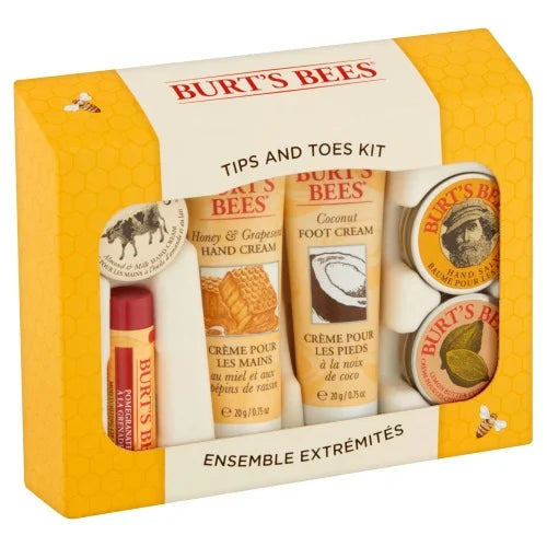 Burt's Bees Tips and Toes Gift Set, 6 Travel Size Products in Gift Box - 2 Hand Creams, Foot Cream, Cuticle Cream, Hand Salve and Lip Balm