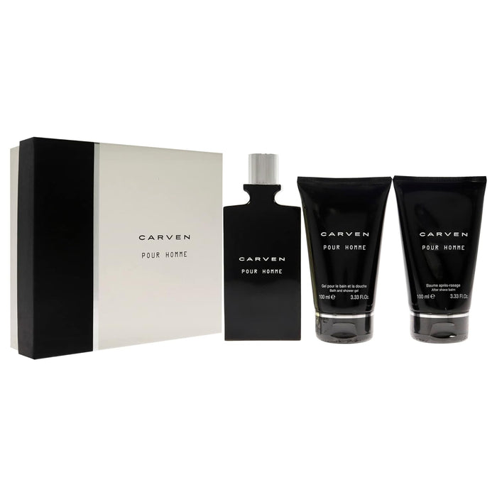 Pour Homme de Carven pour hommes - Coffret 3 pièces Spray EDT 3,33 oz, Baume après-rasage 3,33 oz, Gel bain et douche 3,33 oz