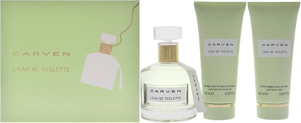 LEau De Toilette by Carven for Women - 3 Pc Gift Set 3.33oz EDT Spray, 3.33oz Light Body Cream, 3.33oz Ligth Bath and Shower Gel