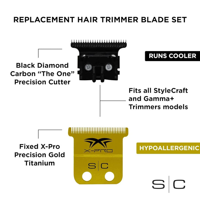 StyleCraft Replacement Fixed X-Pro Precision Gold Trimmer Blade with Black Diamond Carbon DLC Set