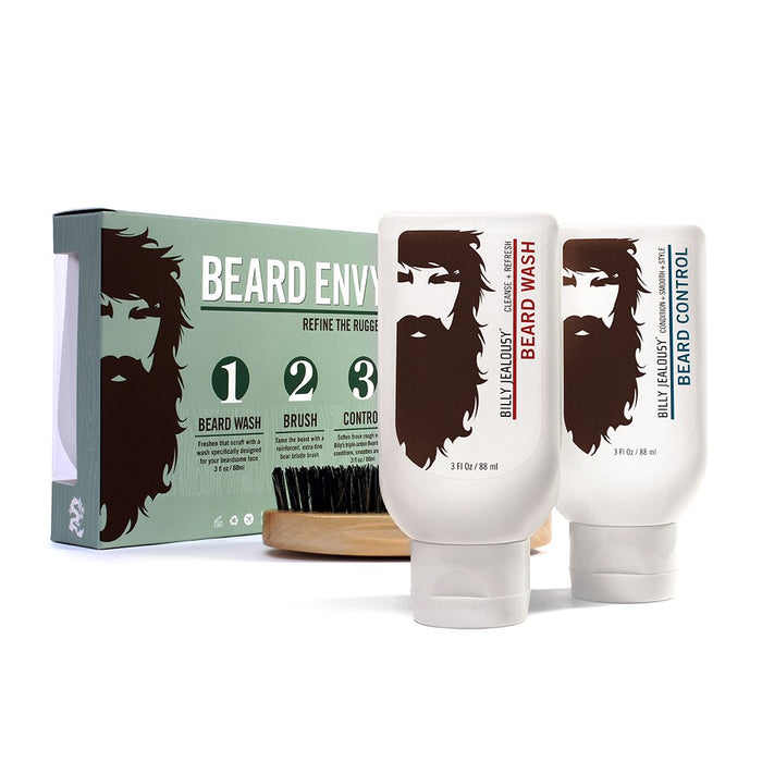 Kit Beard Envy de Billy Jealousy pour hommes - 3 pièces de nettoyant pour barbe de 3 oz, contrôle de la barbe de 3 oz, brosse 