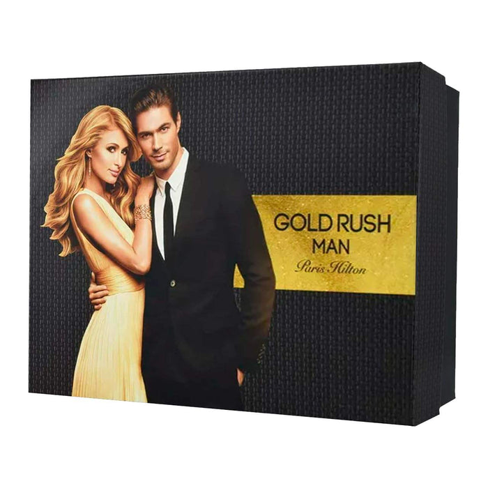 Gold Rush Man de Paris Hilton pour hommes - Coffret 4 pièces Spray EDT 3,4 oz, Spray EDT 0,5 oz, Nettoyant pour cheveux et corps 3,0 oz, Stick déodorant sans alcool 2,75 oz