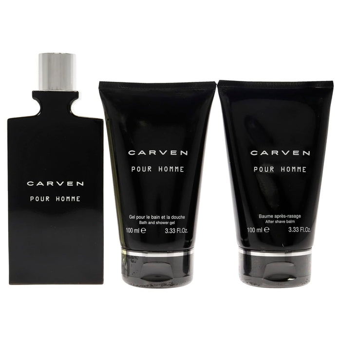 Pour Homme de Carven pour hommes - Coffret 3 pièces Spray EDT 3,33 oz, Baume après-rasage 3,33 oz, Gel bain et douche 3,33 oz