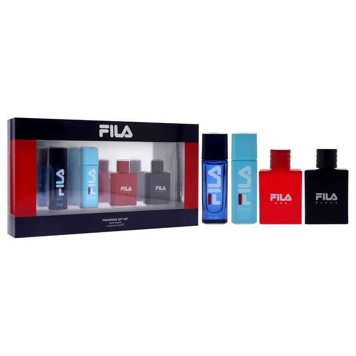 Fila Variety Set by Fila for Men - 4 Pc Mini Gift Set 0.25oz Fila EDT Spray, 0.25oz Fila Fresh EDT Spray, 0.25oz Fila Black EDT Spray, 0.25oz Fila Red EDT Spray