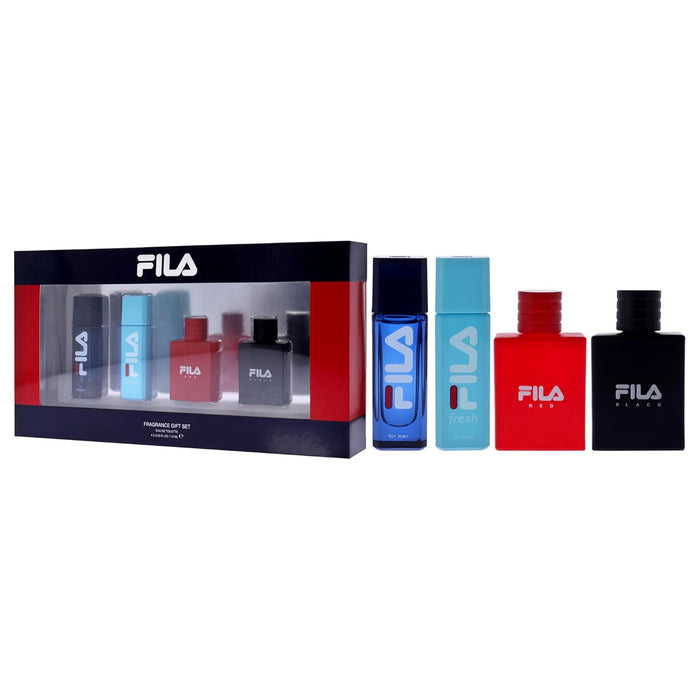 Fila Variety Set by Fila for Men - 4 Pc Mini Gift Set 0.25oz Fila EDT Spray, 0.25oz Fila Fresh EDT Spray, 0.25oz Fila Black EDT Spray, 0.25oz Fila Red EDT Spray