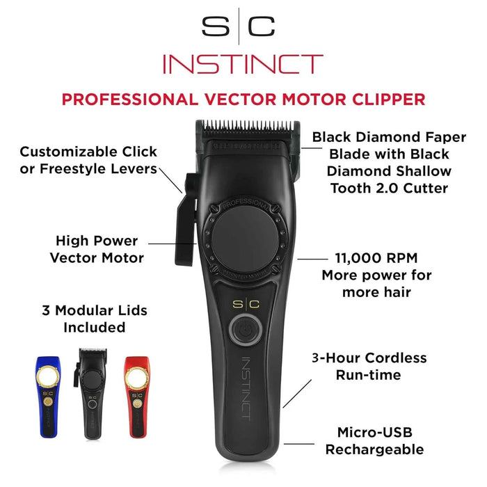 Stylecraft Instinct Professional IN2 Vector Motor Cordless Hair Clipper with Intuitive Torque Control, 3 Modular Lids