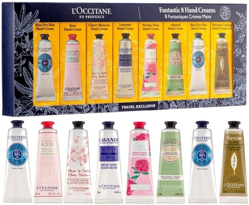 Fantástico kit de 8 cremas para manos de LOccitane para unisex: 8 x 1 oz para piel seca de karité, rosa, flor de cerezo, lavanda, flora pivoina, almendra y gel de crema refrescante para manos Verveine 