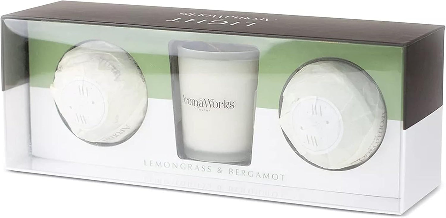 Light Candle Set - Lemongrass and Bergamot by Aromaworks for Unisex - 3 Pc 2.65oz Candle, 2 Mini AromaBomb