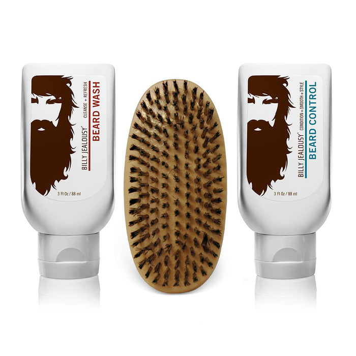 Kit Beard Envy de Billy Jealousy pour hommes - 3 pièces de nettoyant pour barbe de 3 oz, contrôle de la barbe de 3 oz, brosse 