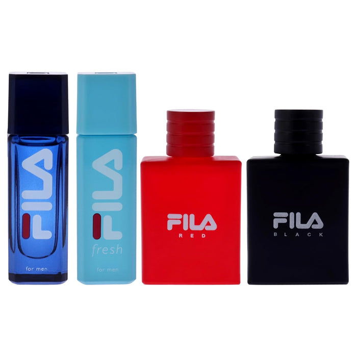 Fila Variety Set by Fila for Men - 4 Pc Mini Gift Set 0.25oz Fila EDT Spray, 0.25oz Fila Fresh EDT Spray, 0.25oz Fila Black EDT Spray, 0.25oz Fila Red EDT Spray