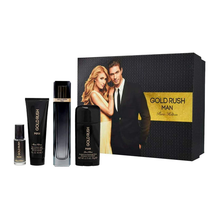 Gold Rush Man de Paris Hilton pour hommes - Coffret 4 pièces Spray EDT 3,4 oz, Spray EDT 0,5 oz, Nettoyant pour cheveux et corps 3,0 oz, Stick déodorant sans alcool 2,75 oz