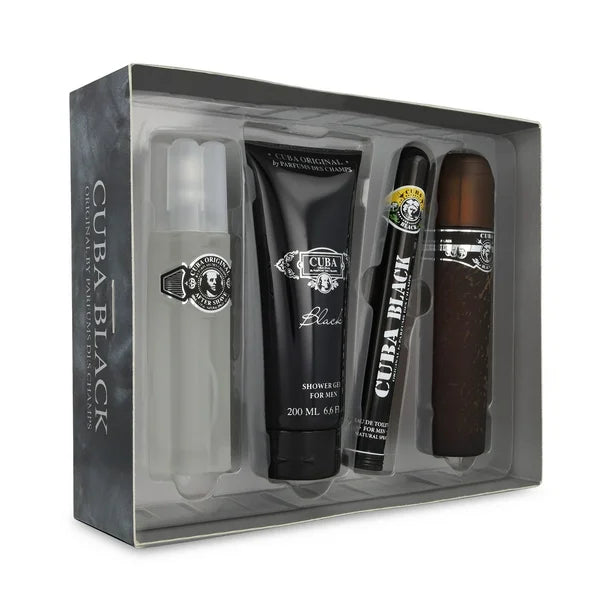 Cuba Black by Cuba for Men - 4 Pc Gift Set 3.4oz EDT Spray, 1.7oz EDT Spray, 3.3oz After Shave, 6.7oz Shower Gel