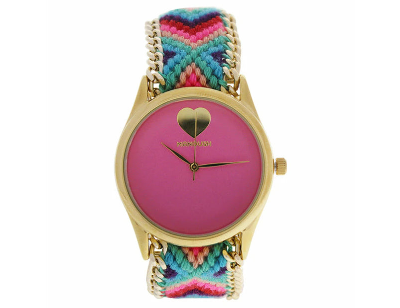 MSHHIPC Hindi Heart - Gold/Pink Nylon Strap Watch by Manoush for Women - 1 Pc Watch