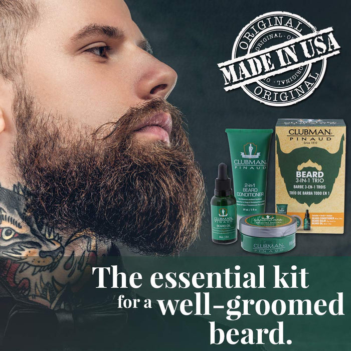 CLUBMAN Beard 3 in 1 Trio - Baume à barbe, huile et après-shampooing 2 en 1