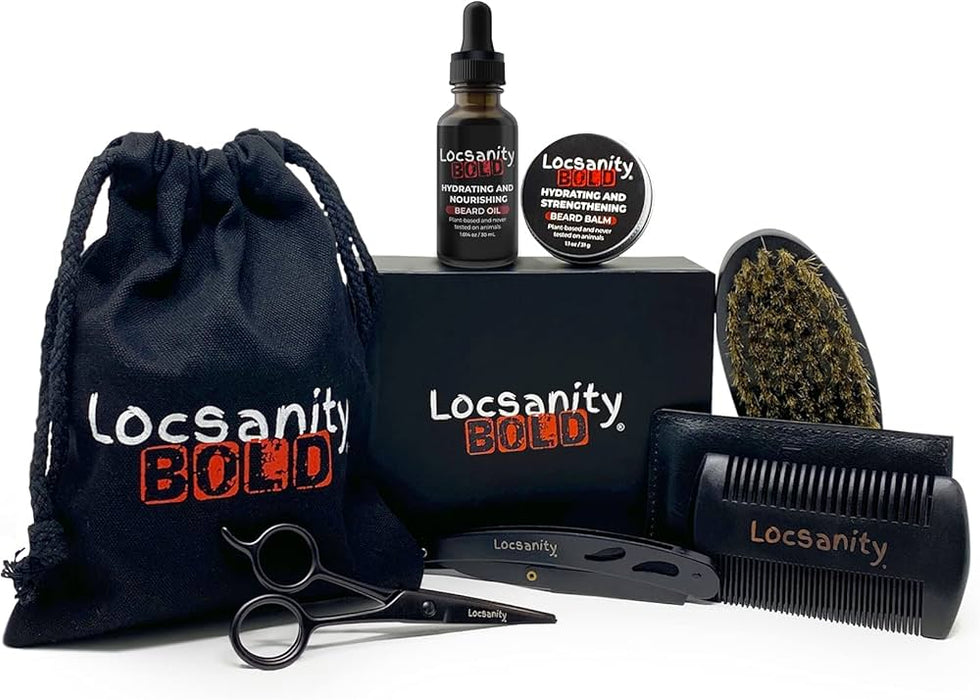 Locsanity BOLD Kit de barba, kit de crecimiento de barba, kit de cuidado de barba, aceite de crecimiento, bálsamo acondicionador, cepillo, peine, tijera para bigote, bolsa de almacenamiento, kit de cuidado y recorte de barba, regalos para hombres y él