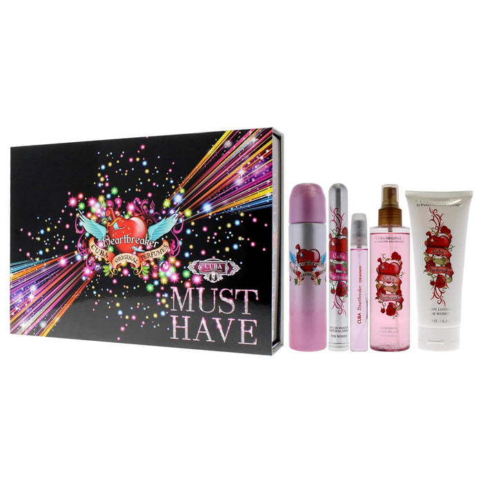 Cuba Must Have Heartbreaker de Cuba pour femme - Coffret 5 pièces Spray EDP 3,4 oz, Spray EDP 1,17 oz, Spray EDP 0,5 oz, Spray corporel 6,7 oz, Splash corporel 6,7 oz