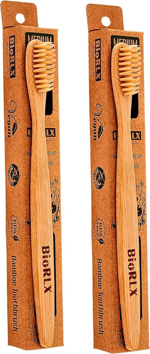 BioRLX Bamboo Toothbrush - Biodegradable Wooden Toothbrushes, Natural BPA Free - Wooden Toothbrush, Eco-Friendly - Compostable and Durable (Two Pieces, Medium)