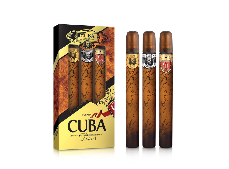 Cuba Trio 1 de Cuba pour hommes - Coffret 3 pièces Spray EDT Cuba Gold 1,17 oz, Spray EDT Cuba Royal 1,17 oz, Spray EDT Cuba VIP 1,17 oz