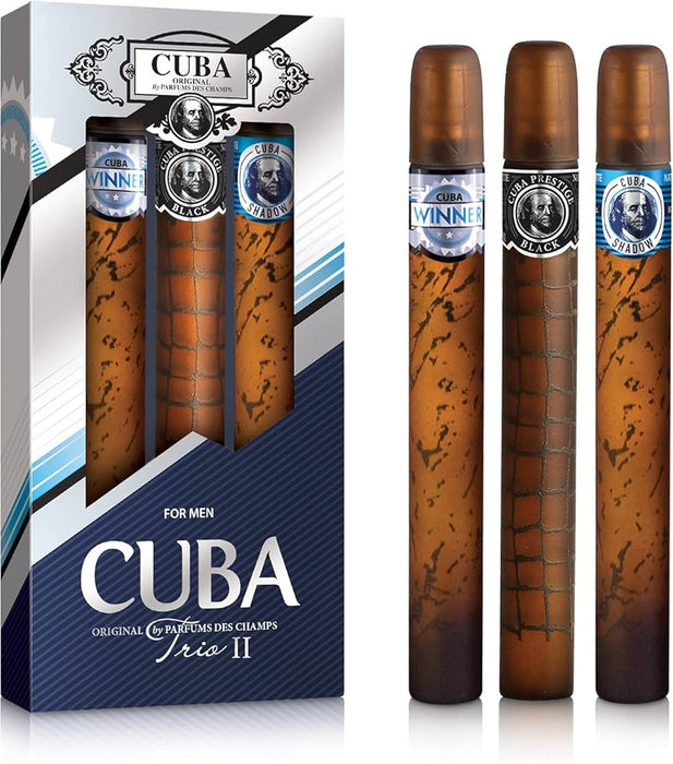 Cuba Trio 2 de Cuba pour hommes - Coffret 3 pièces Spray EDT Cuba Winner 1,17 oz, Spray EDT Cuba Shadow 1,17 oz, Spray EDT Cuba Prestige Black 1,17 oz