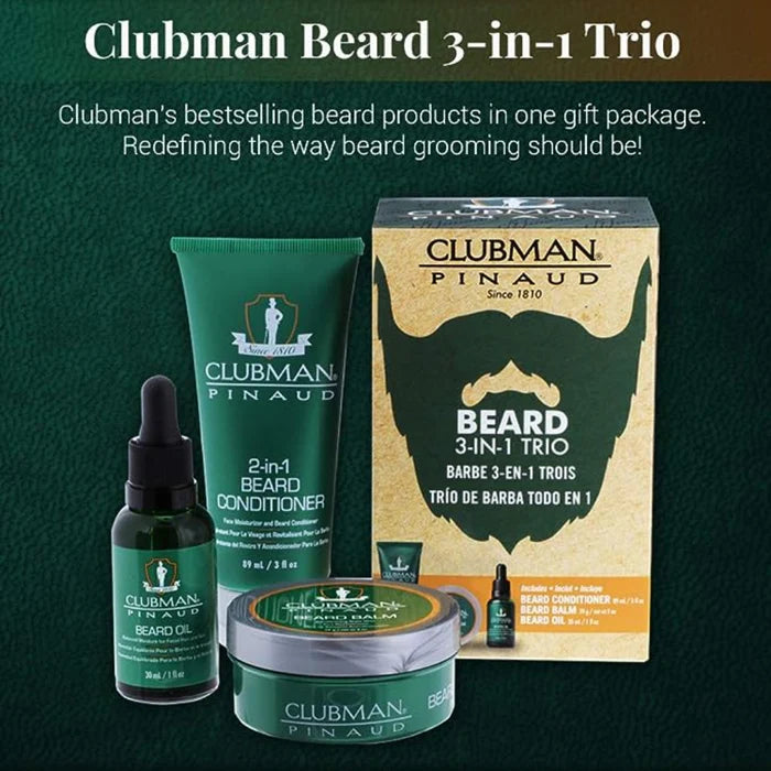 CLUBMAN Beard 3 in 1 Trio - Baume à barbe, huile et après-shampooing 2 en 1