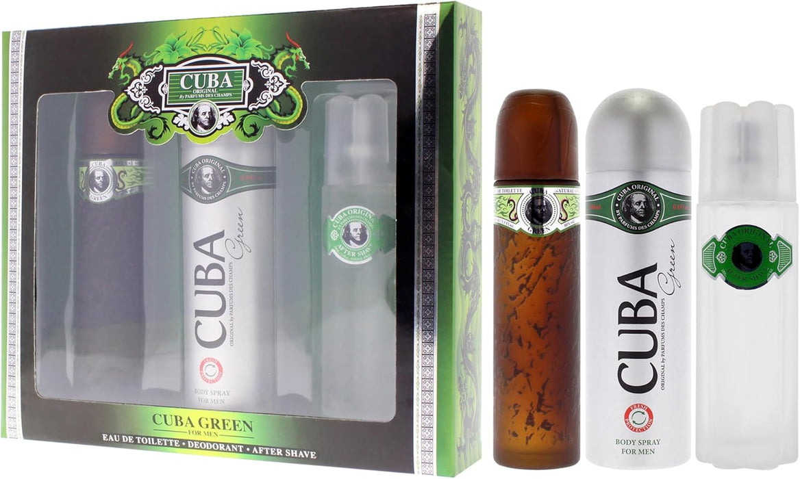 Cuba Green by Cuba for Men - 3 Pc Gift Set 3.3oz EDT Spray, 6.7oz Body Spray, 3.3oz After Shave