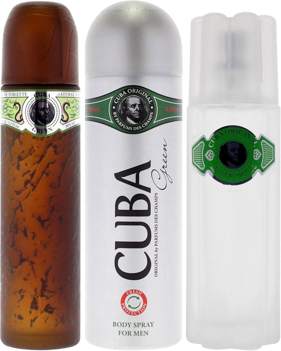 Cuba Green by Cuba for Men - 3 Pc Gift Set 3.3oz EDT Spray, 6.7oz Body Spray, 3.3oz After Shave