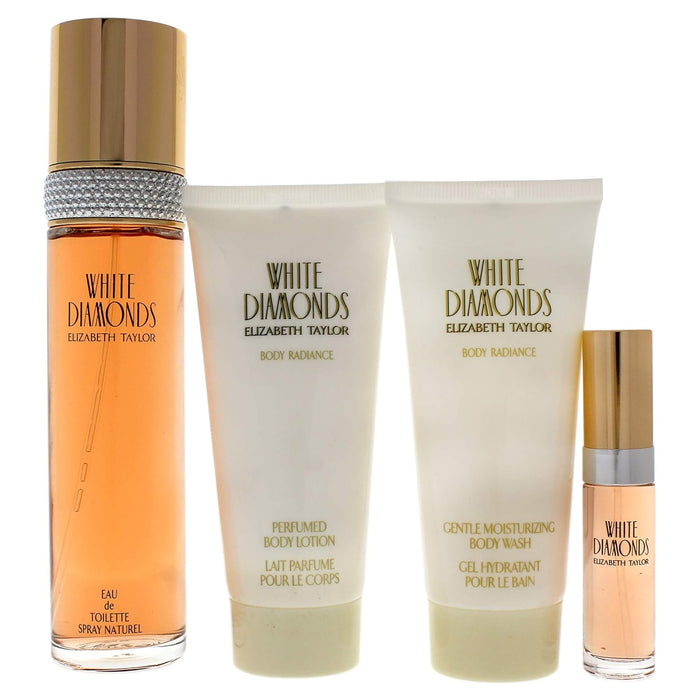 White Diamonds by Elizabeth Taylor for Women - 4 Pc Gift Set 3.3oz EDT Spray, 3.3oz Gentle Moisturizing Body Wash, 3.3oz Perfumed Body Lotion, 10ml EDT Spray