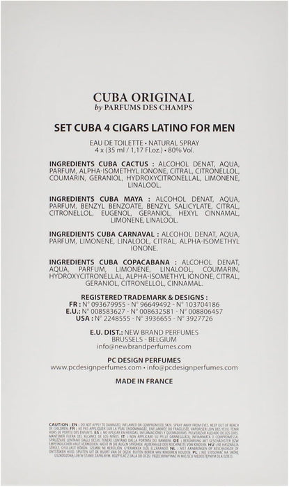 Collection Cuba Latino de Cuba pour hommes - Coffret 4 pièces Spray EDT Cuba Copacabana 1,17 oz, Spray EDT Cuba Maya 1,17 oz, Spray EDT Cuba Carnaval 1,17 oz, Spray EDT Cuba Cactus 1,17 oz