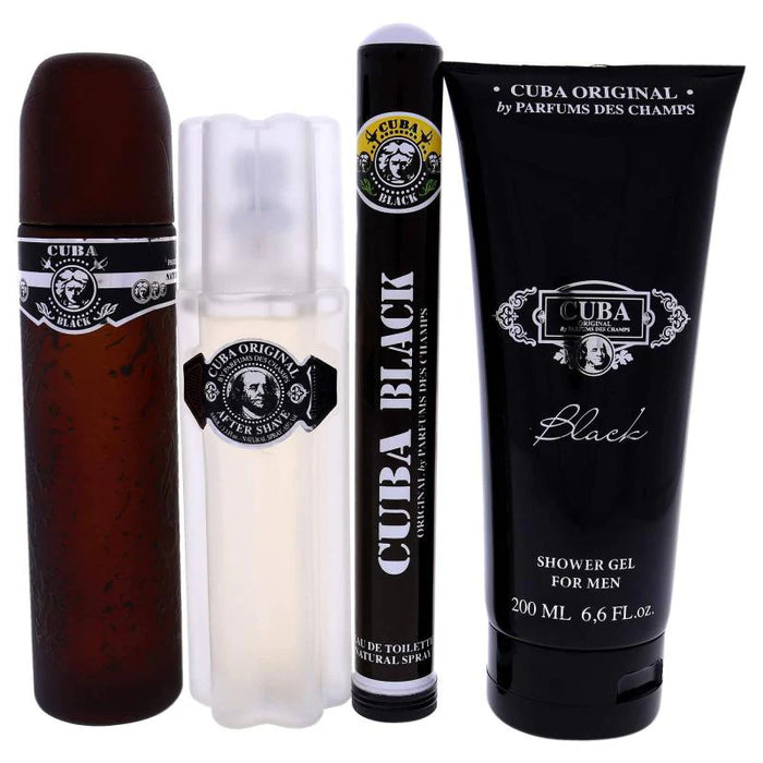 Cuba Black by Cuba for Men - 4 Pc Gift Set 3.4oz EDT Spray, 1.7oz EDT Spray, 3.3oz After Shave, 6.7oz Shower Gel