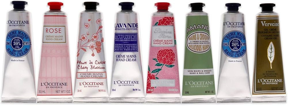 Fantástico kit de 8 cremas para manos de LOccitane para unisex: 8 x 1 oz para piel seca de karité, rosa, flor de cerezo, lavanda, flora pivoina, almendra y gel de crema refrescante para manos Verveine 