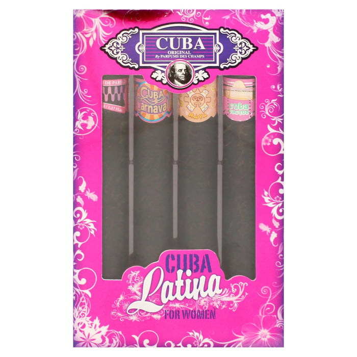 Collection Cuba Latino de Cuba pour femme - Coffret 4 pièces Spray EDP Cuba Copacabana 1,17 oz, Spray EDP Cuba Maya 1,17 oz, Spray EDP Cuba Carnaval 1,17 oz, Spray EDP Cuba Cactus 1,17 oz