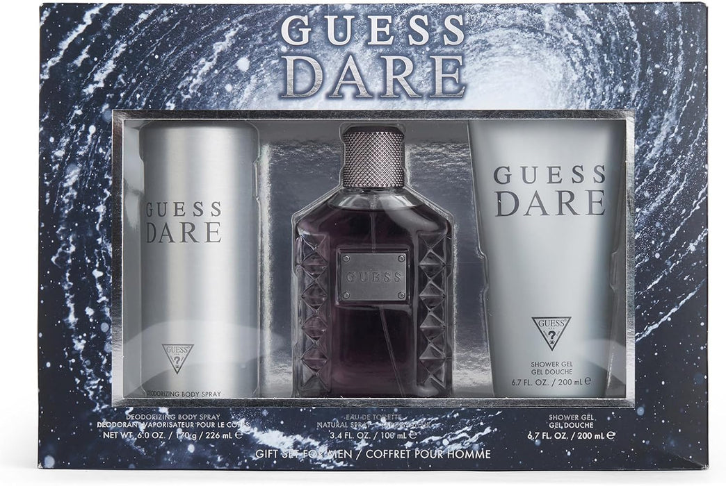 Guess Dare by Guess for Men - 3 Pc Gift Set 3.4oz EDT Spray, 6.0oz Deodorant Body Spray, 6.7oz Shower Gel