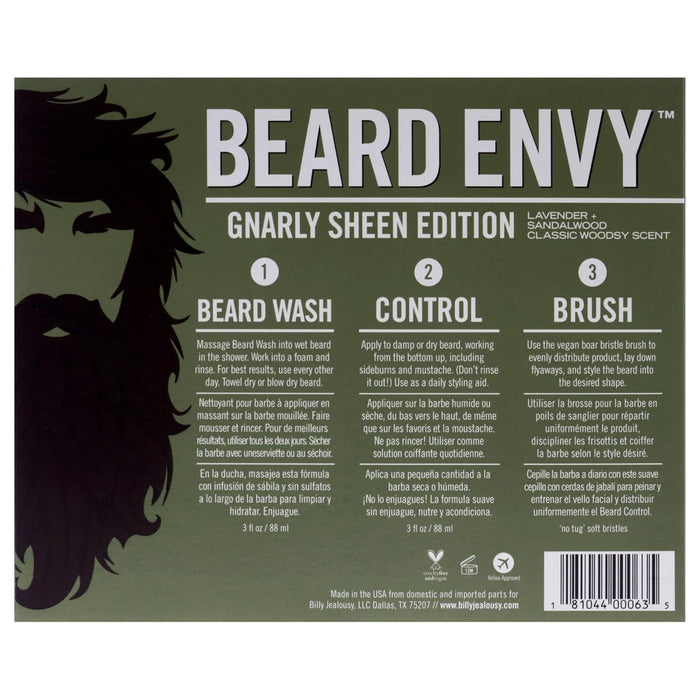 Kit Beard Envy de Billy Jealousy pour hommes - 3 pièces de nettoyant pour barbe de 3 oz, contrôle de la barbe de 3 oz, brosse 