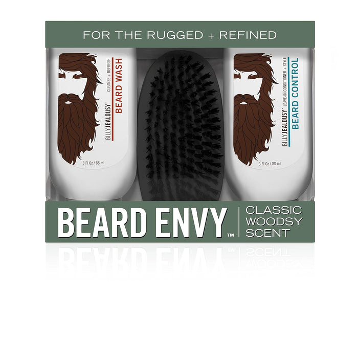 Kit Beard Envy de Billy Jealousy pour hommes - 3 pièces de nettoyant pour barbe de 3 oz, contrôle de la barbe de 3 oz, brosse 