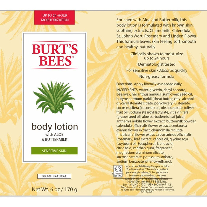 Loción corporal de aloe y manteca de karité de Burts Bees para unisex - Loción corporal de 6 oz