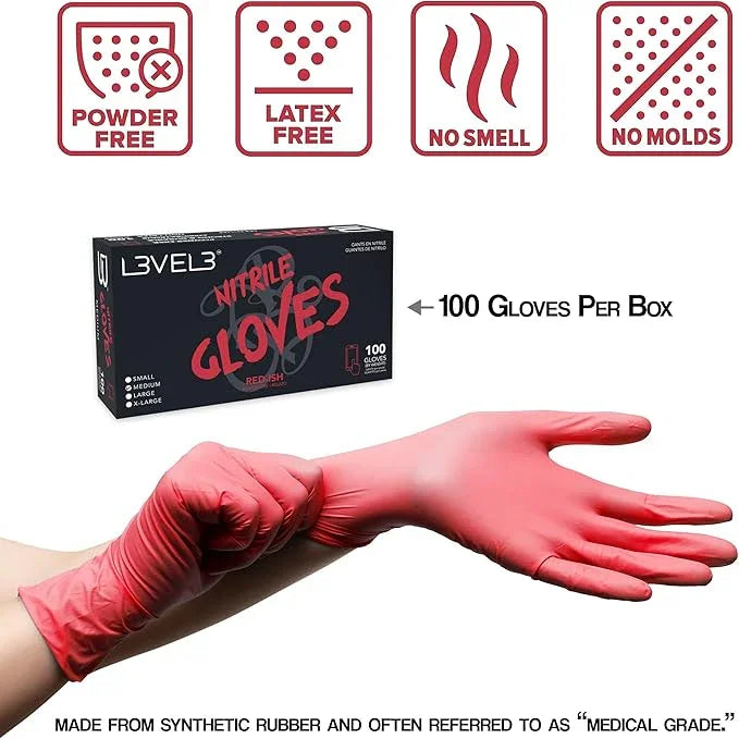 L3VEL3 Professional Nitrile Gloves Red - 10 Pack, 1000 ct