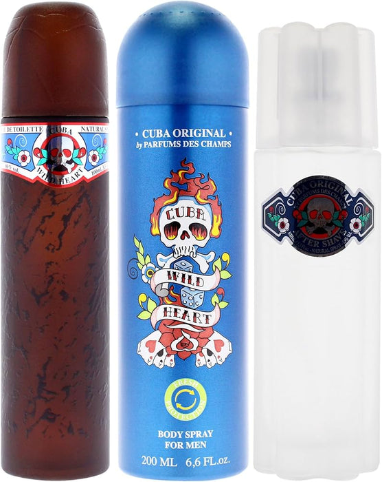 Cuba Wild Heart by Cuba for Men - 3 Pc Gift Set 3.4oz EDT Spray, 3.3oz After Shave, 6.7oz Body Spray