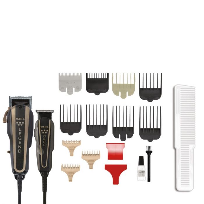 Professional WAHL Black Combo Set, Barber Combo Clipper & Trimmer #8180 & Cordless Vanish Shaver #8173-700, Hair Spray, Barber Mat, Flat Top Comb , Fade Brush, Straight Razor, Neck Duster, Barber Suitcase, Wire Protector