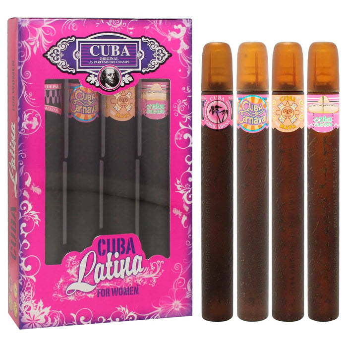 Collection Cuba Latino de Cuba pour femme - Coffret 4 pièces Spray EDP Cuba Copacabana 1,17 oz, Spray EDP Cuba Maya 1,17 oz, Spray EDP Cuba Carnaval 1,17 oz, Spray EDP Cuba Cactus 1,17 oz