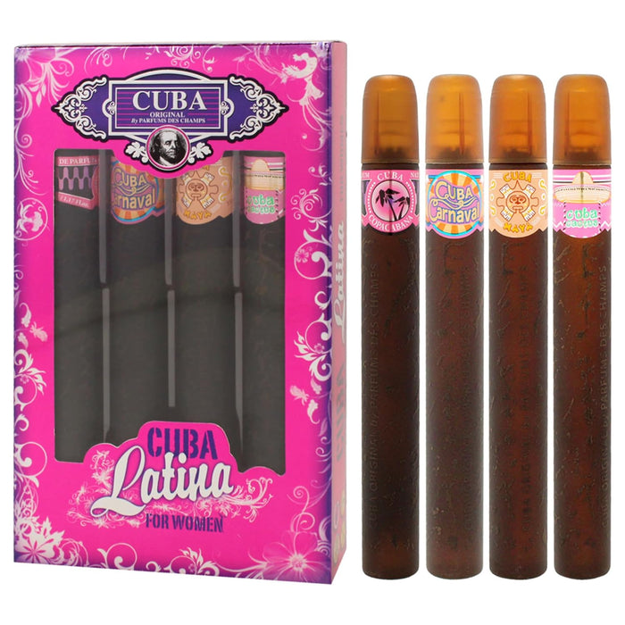 Collection Cuba Latino de Cuba pour femme - Coffret 4 pièces Spray EDP Cuba Copacabana 1,17 oz, Spray EDP Cuba Maya 1,17 oz, Spray EDP Cuba Carnaval 1,17 oz, Spray EDP Cuba Cactus 1,17 oz