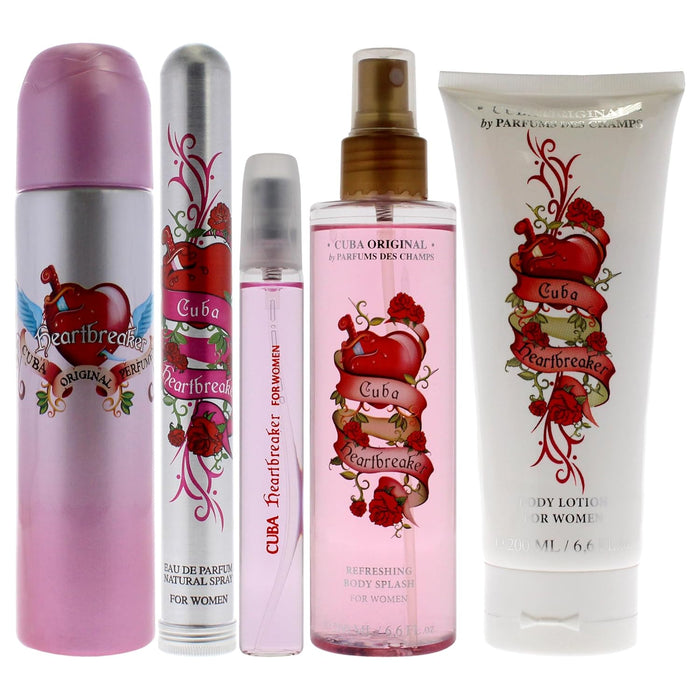 Cuba Must Have Heartbreaker de Cuba pour femme - Coffret 5 pièces Spray EDP 3,4 oz, Spray EDP 1,17 oz, Spray EDP 0,5 oz, Spray corporel 6,7 oz, Splash corporel 6,7 oz