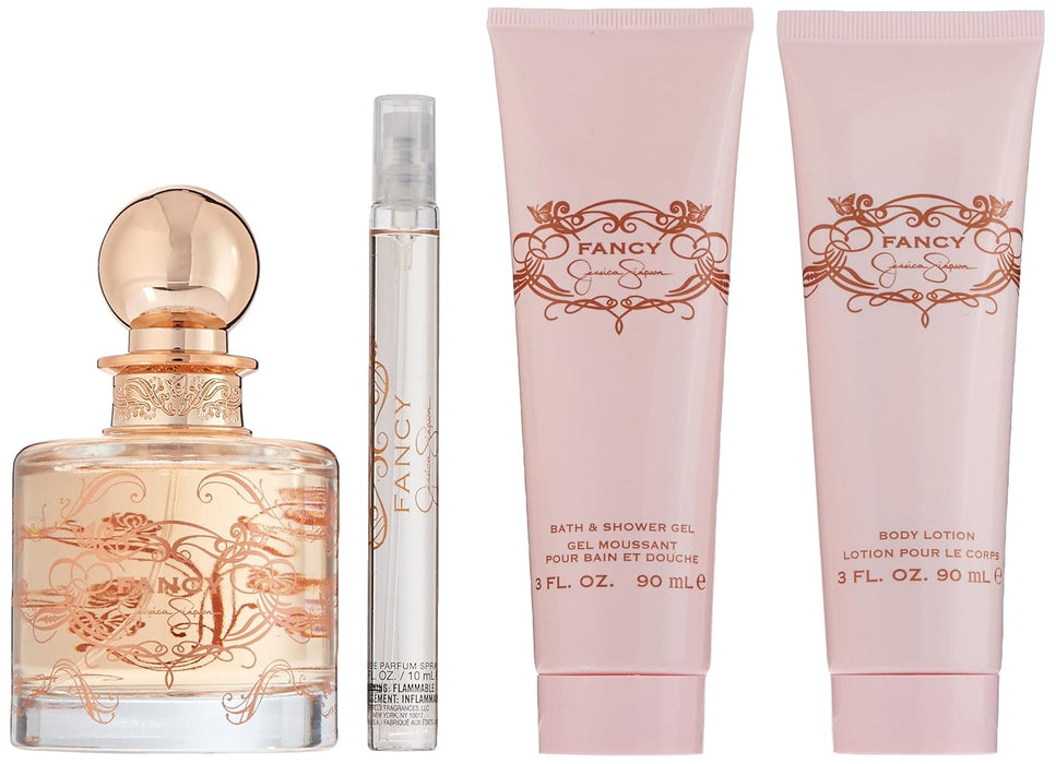 Fancy Love by Jessica Simpson for Women - 4 Pc Gift Set 3.4oz EDP Spray, 0.34oz EDP Mini Spray, 3oz Body Lotion, 3oz Bath and Shower Gel