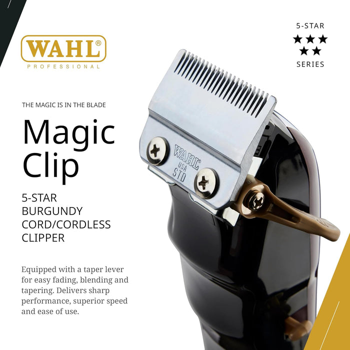 Wahl Professional Magic Clip Cordless Clipper - High-Performance Burgundy Edition for Precision Fades and Haircuts